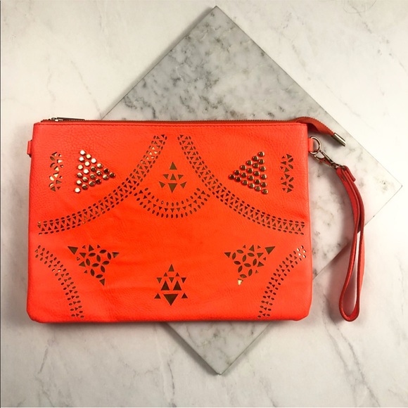 Lulus Handbags - Lulus Neon Coral Laser Cut Oversized Wristlet